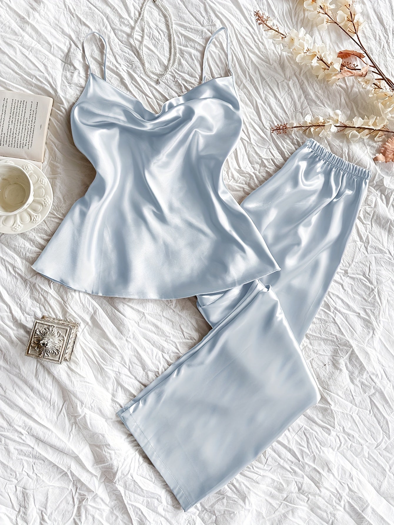 Womens Casual Relaxed Fit Sexy Satin Cowl Neck Backless Cami Top & Pants Set