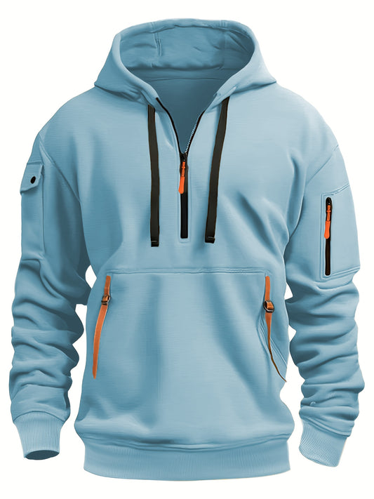 Mens Sporty Casual Hooded Ribbed Cuffs & Hem Solid Colour Sweatshirt