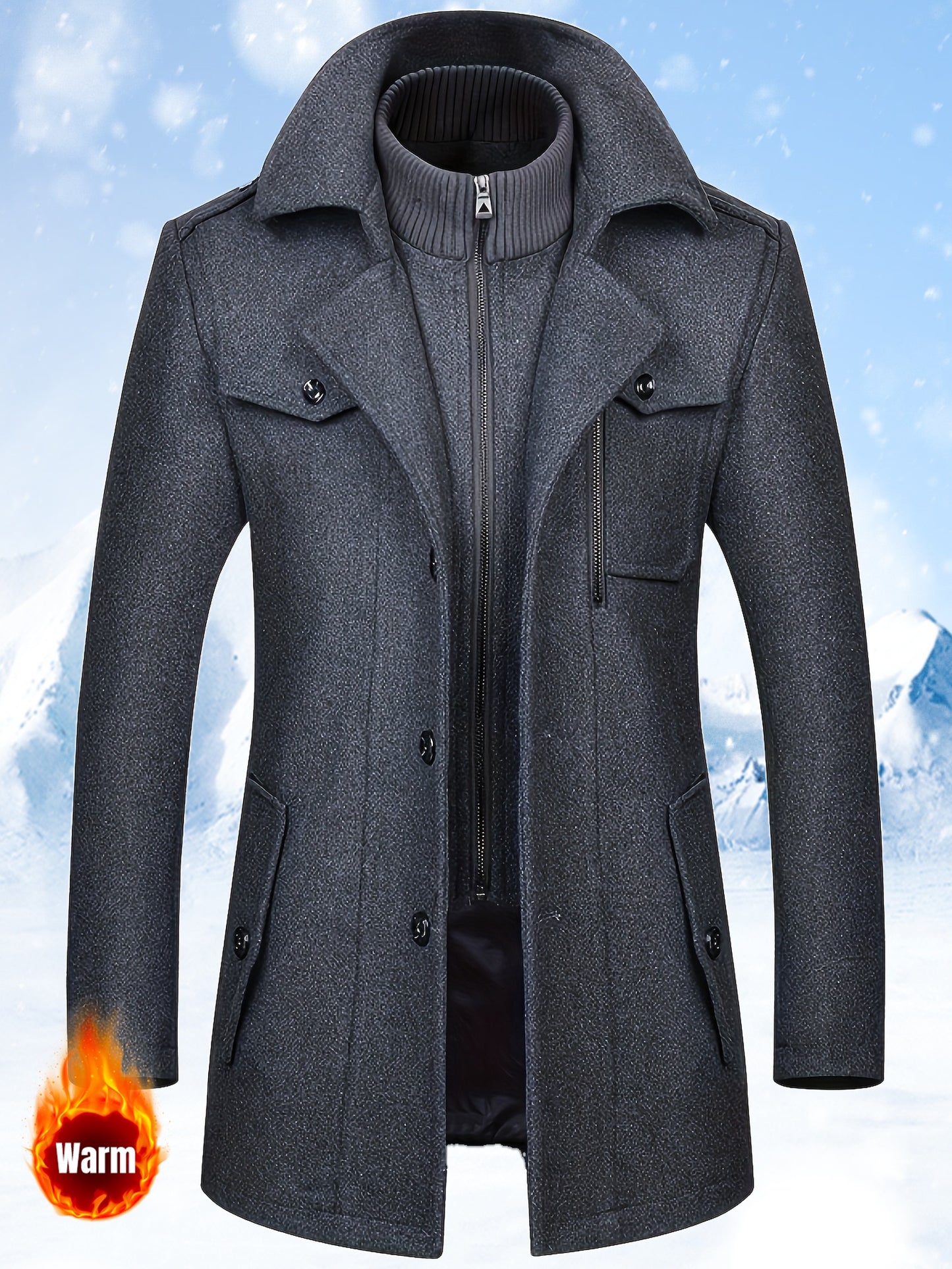 Mens Winter Detachable Double-Breasted Round Neck Coat