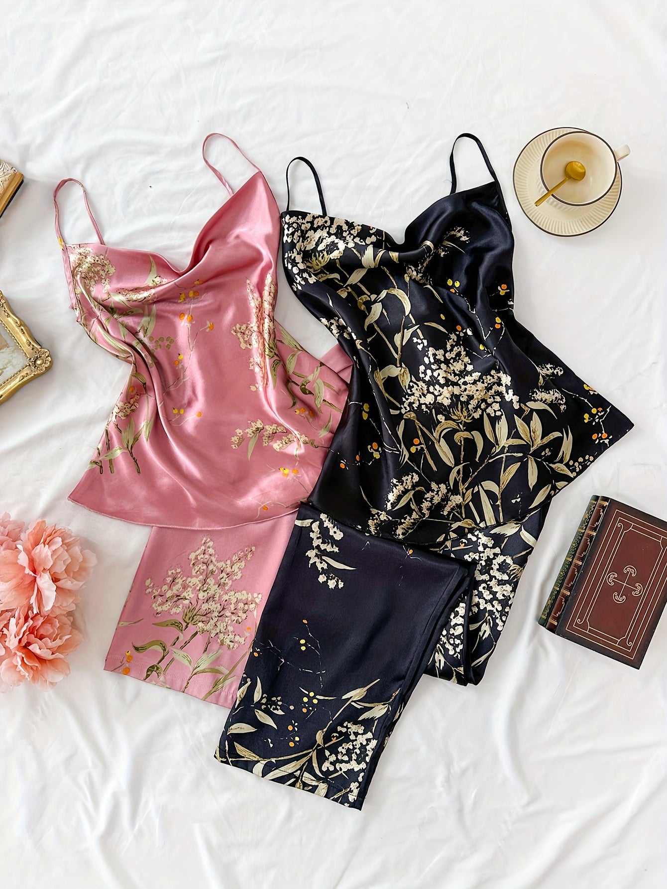 Womens Four Piece Floral Print Top & Pyjamas Set