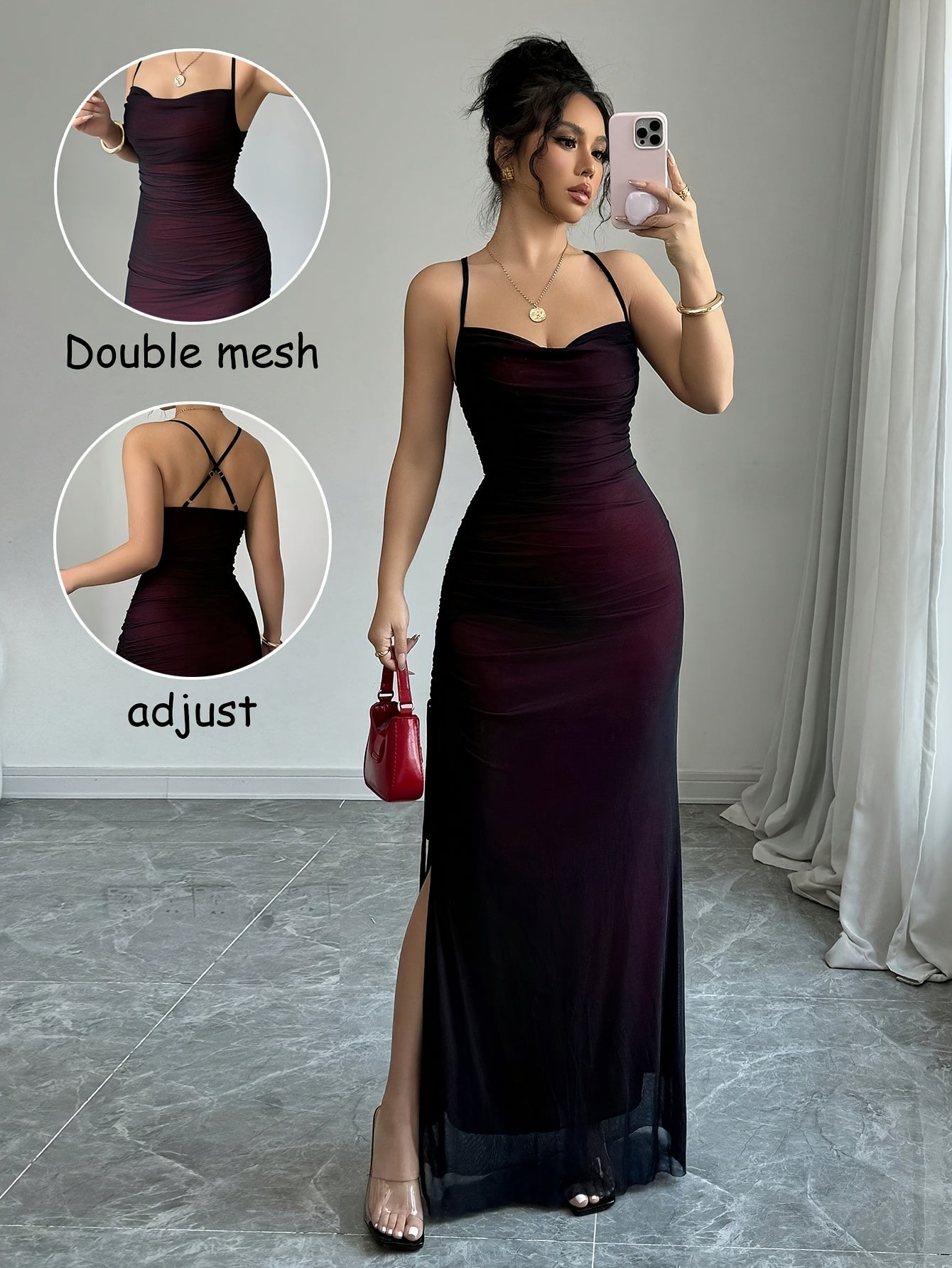 Womens Elegant High-Stretch Mesh Solid Colour Adjustable Strap Backless Long Bodycon Dress