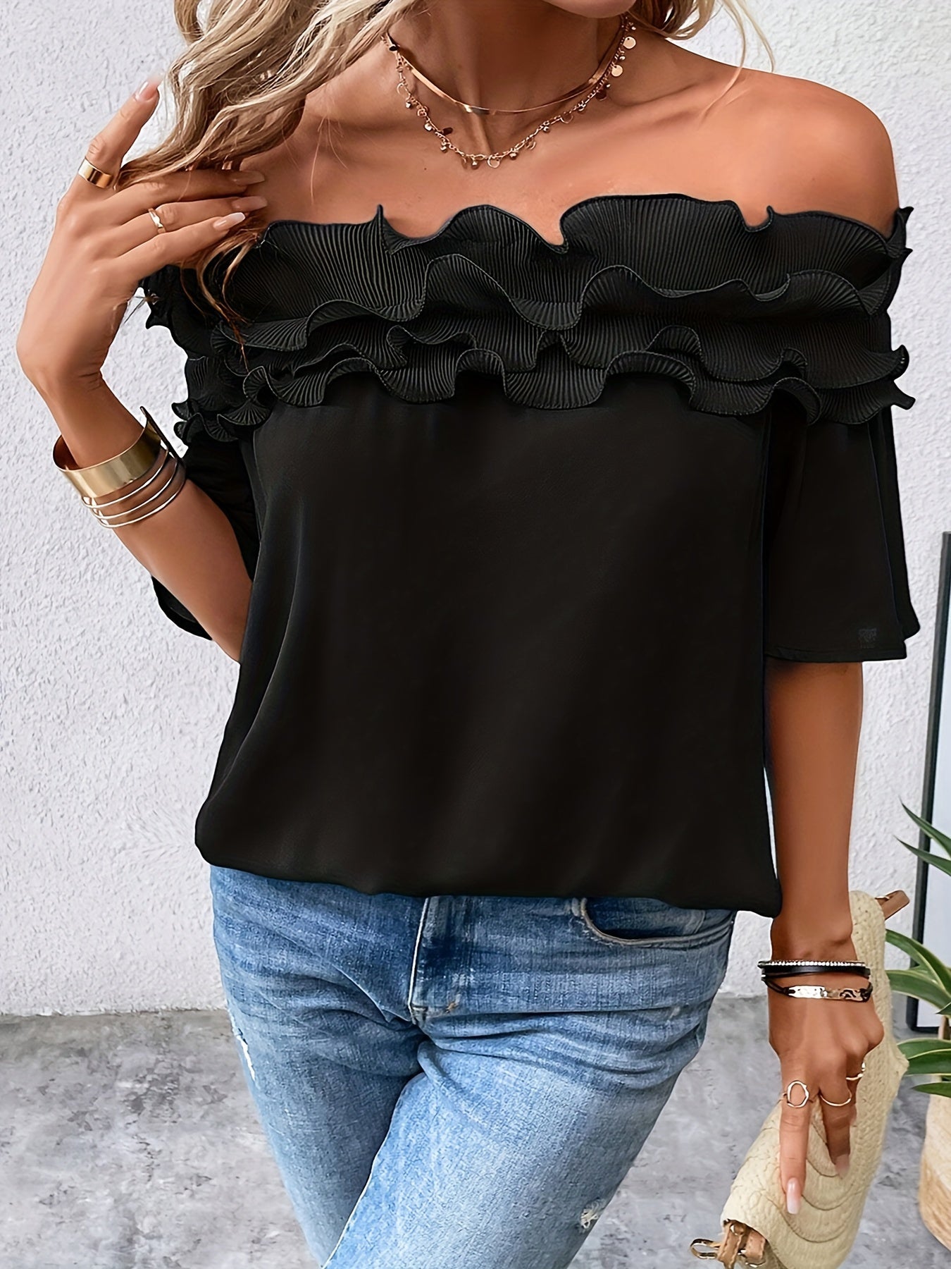 Womens Elegant Off-Shoulder Solid Colour Ruffled Hem Top