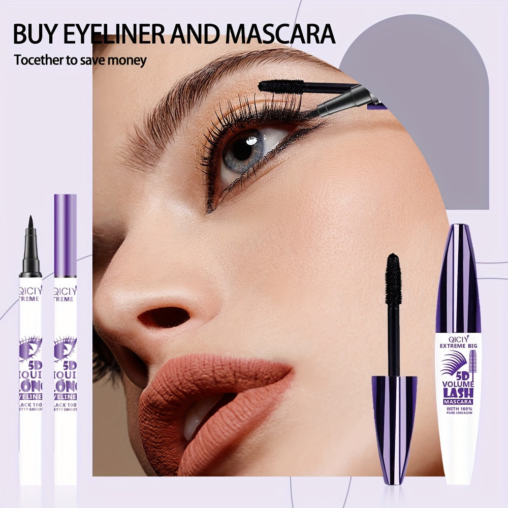 Quick Drying Waterproof Long Lasting 2-in-1 Mascara And Eyeliner Set, Extreme Lashes With Silicone Brush