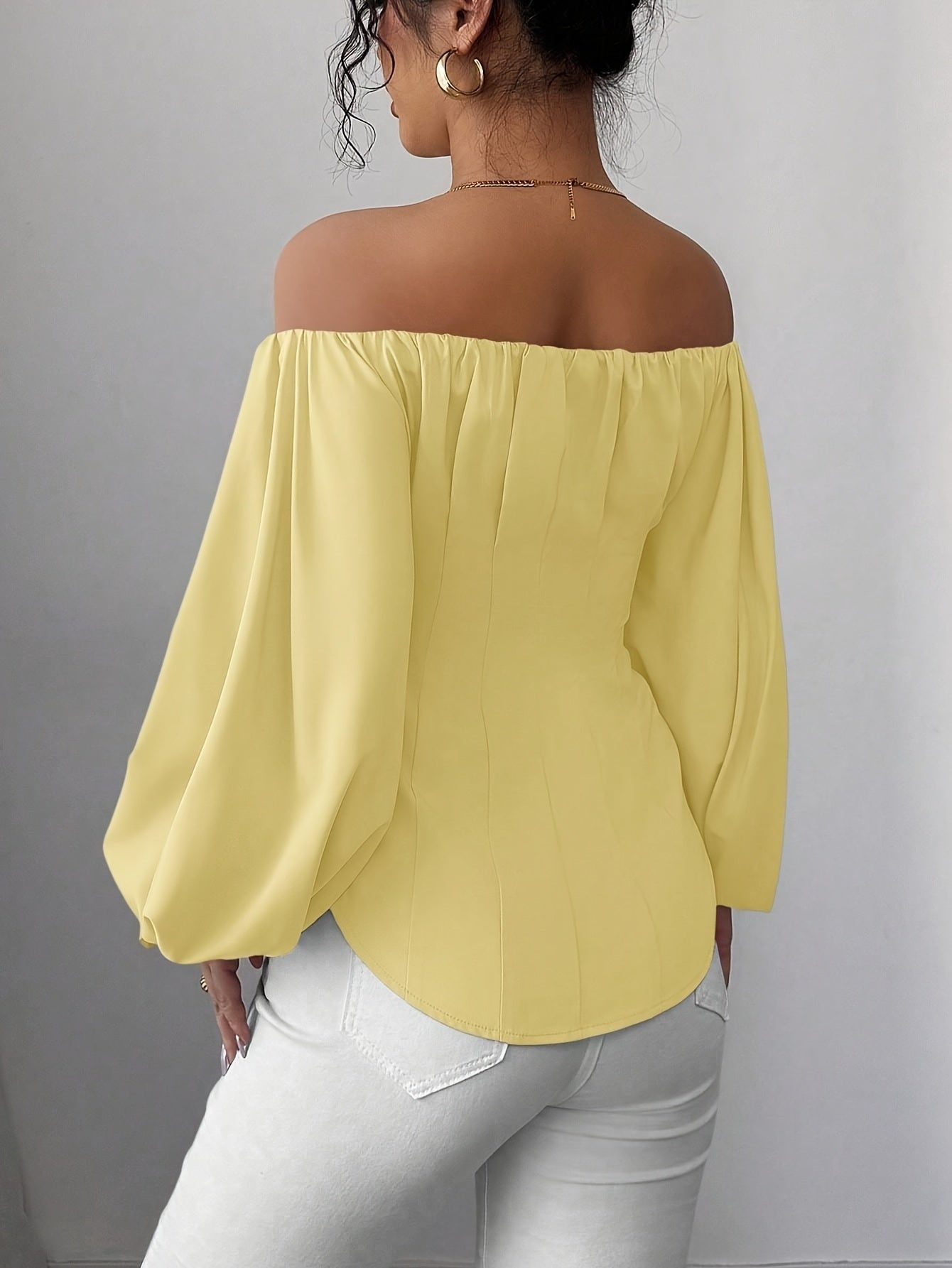 Womens Elegant Off-Shoulder Puff Sleeve Slim Fit Solid Colour Top