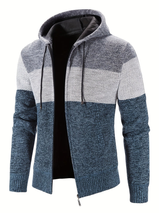 Mens Casual Slightly Stretch Zip Up Colour Block Hooded Fleece Jacket Sweater