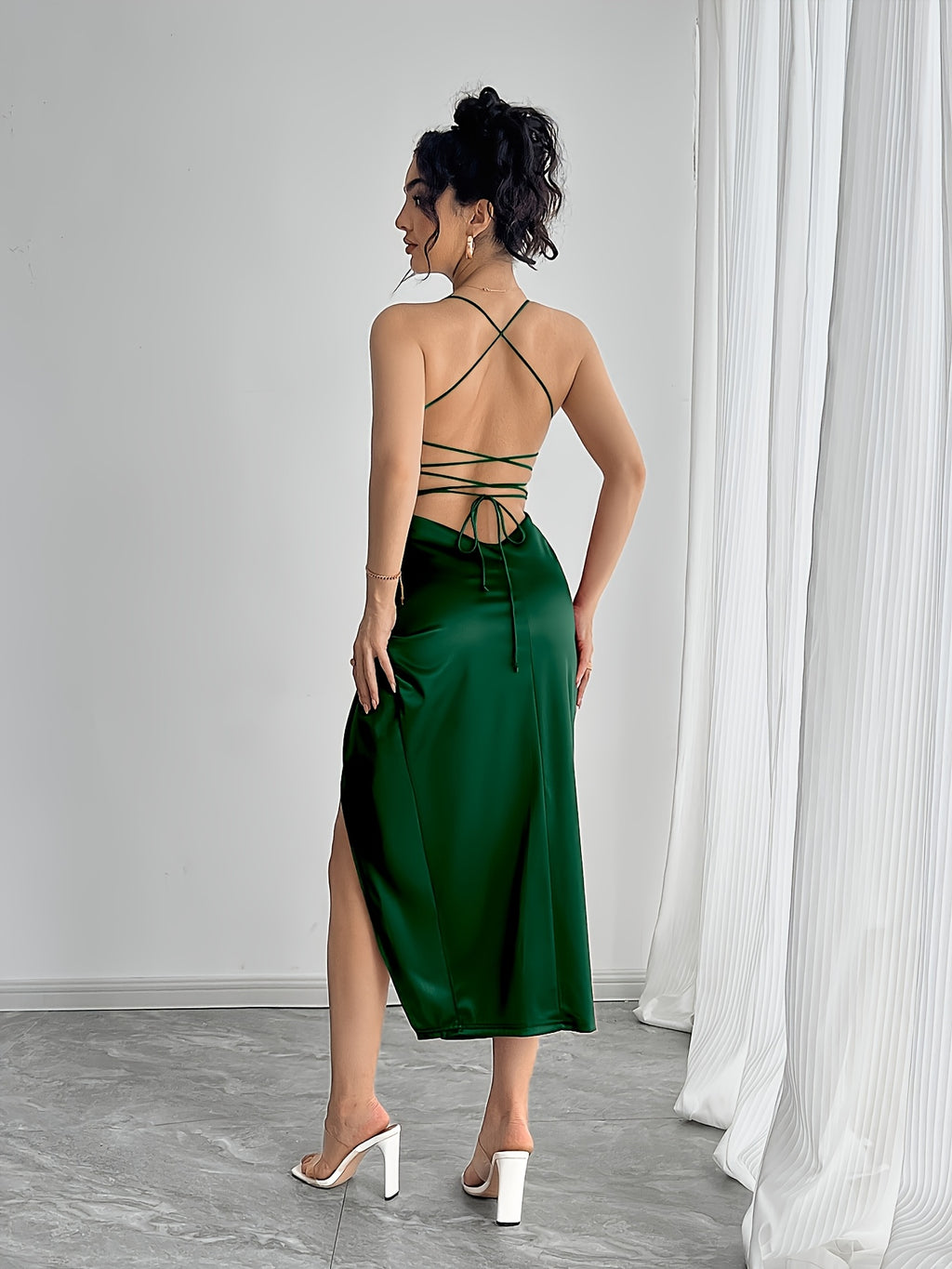 Womens Elegant Deep Neck High Thigh Slit Twist Detail Spaghetti Strap Dress for Women