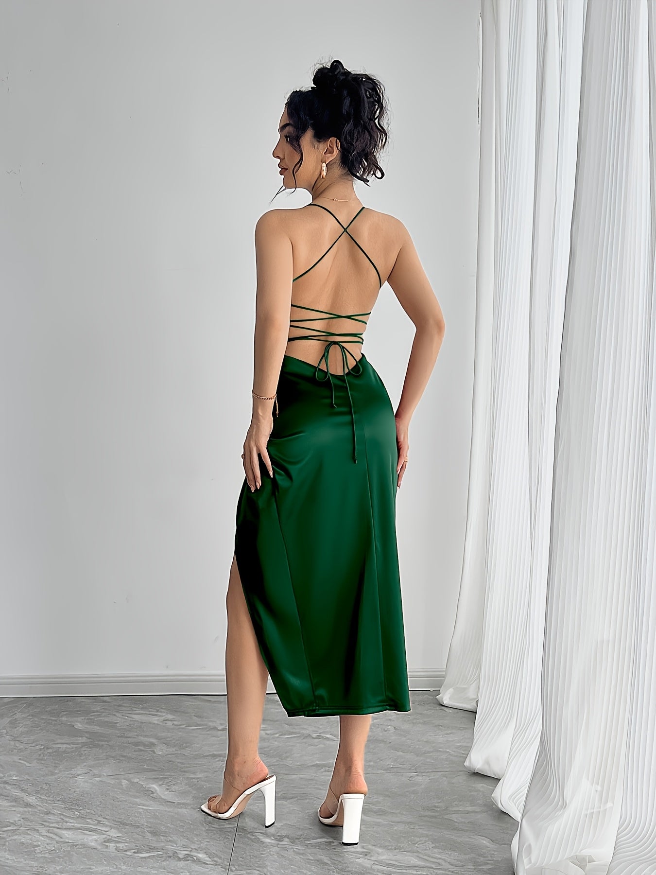 Womens Elegant Deep Neck High Thigh Slit Twist Detail Spaghetti Strap Dress for Women