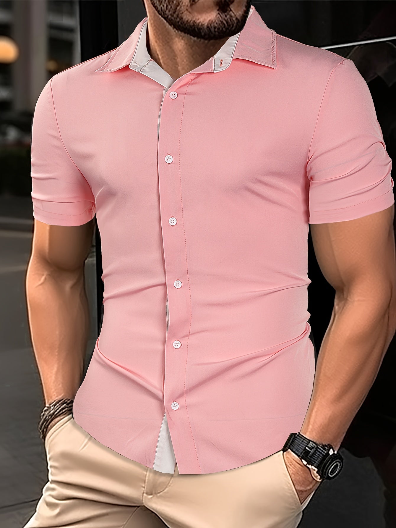 Mens Basic Short Sleeve Button Casual Lapel Collar Shirt