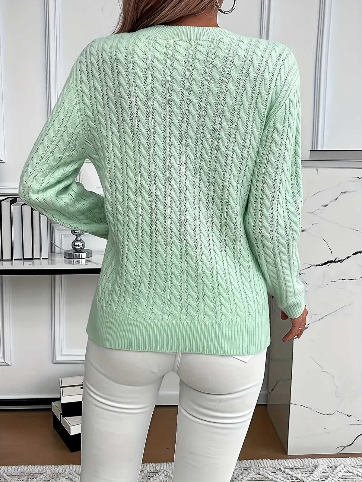 Womens Casual Loose Fit Round Neck Long Sleeve Sweater