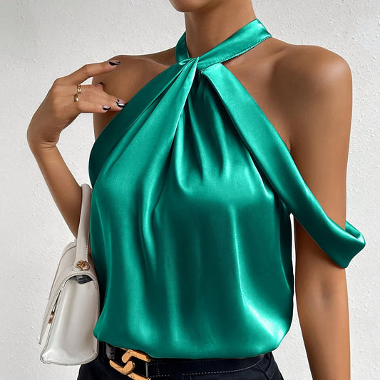 Womens Solid Colour Twist Front Elegant Cold Shoulder Top