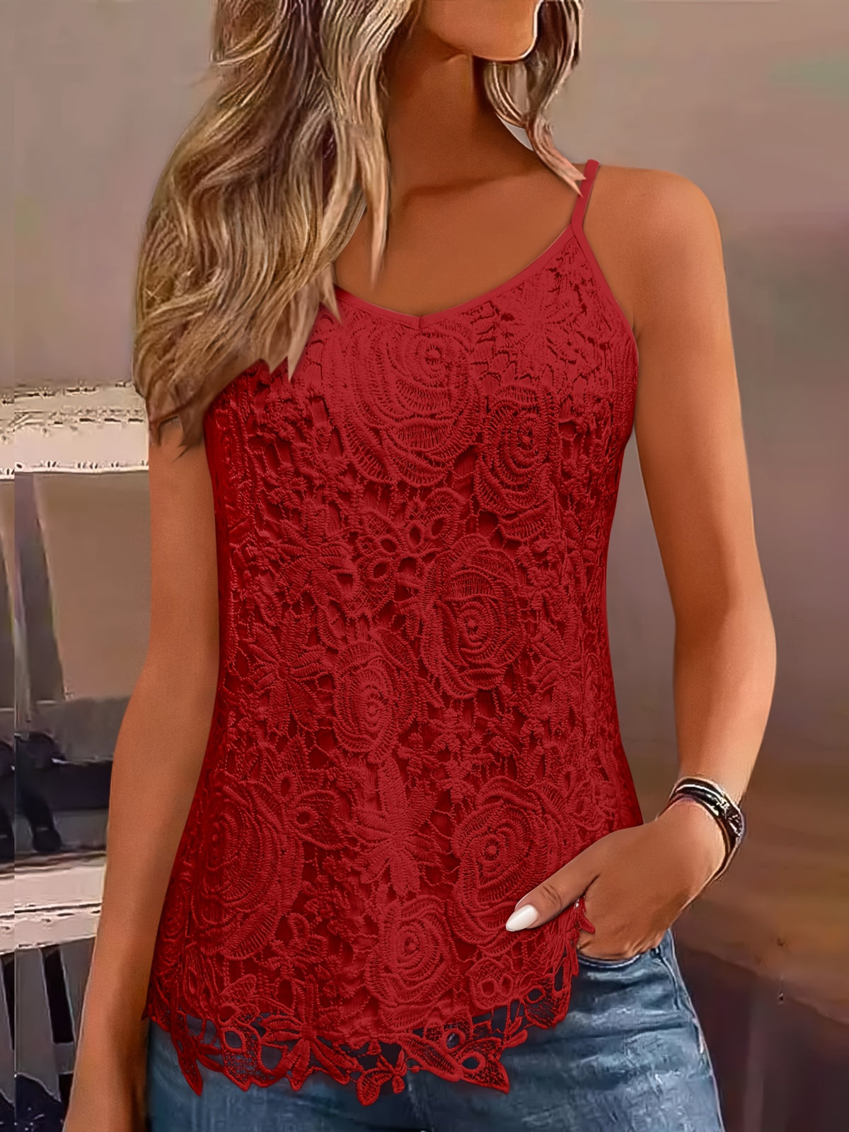Womens Elegant V-Neck Lace Sleeveless Solid Colour Camisole Top