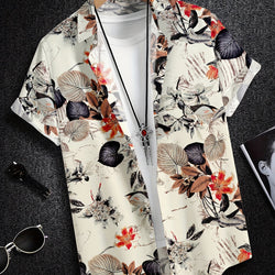 Mens Breathable Casual Short Sleeve Leaf Print Shirt