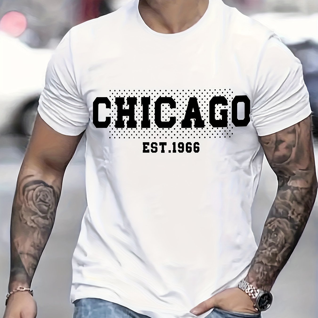 Mens Casual Chicago EST. 1966 Graphic Print Breathable Crew Neck Short Sleeve Tshirt