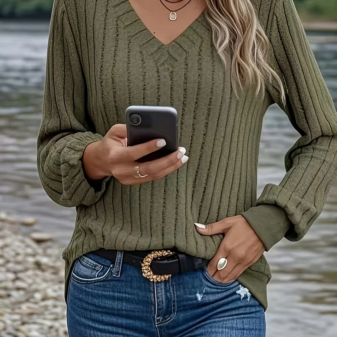 Womens Casual V-Neck Long Sleeve Ribbed Loose Fit Sweater