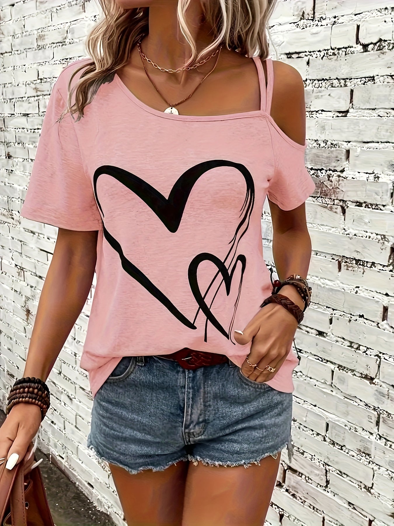 Womens Casual Heart Print Off the Shoulder Short Sleeve Asymmetrical T-shirt Top
