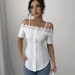 Womens Elegant White Off-Shoulder Laced Cinched Waist Short Sleeve Top