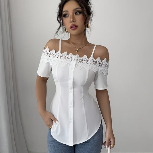 Womens Elegant White Off-Shoulder Laced Cinched Waist Short Sleeve Top