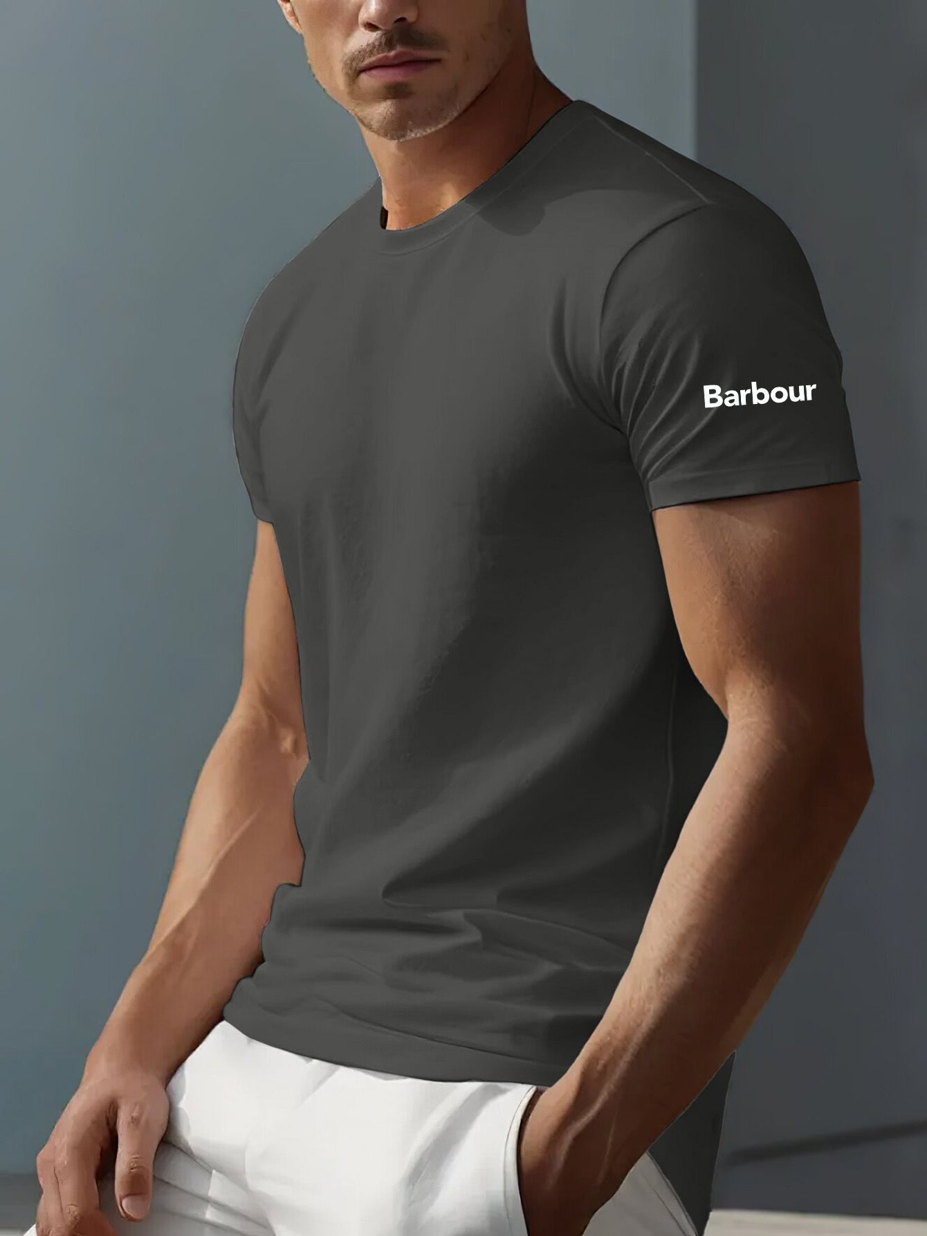 Mens Barbour Casual Round Neck Slightly Stretchy Rib-Knit Collar Letter Print Tshirt