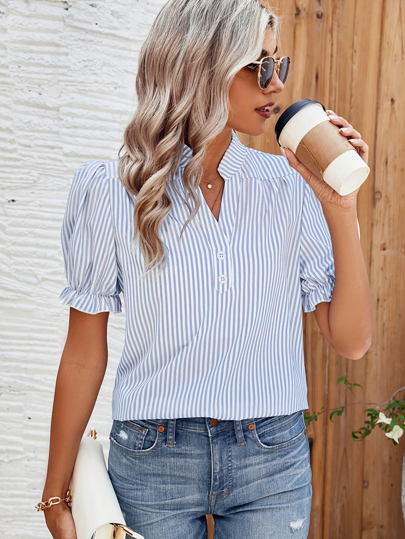 Womens Striped V-Neck Puff Short Sleeve Summer Top