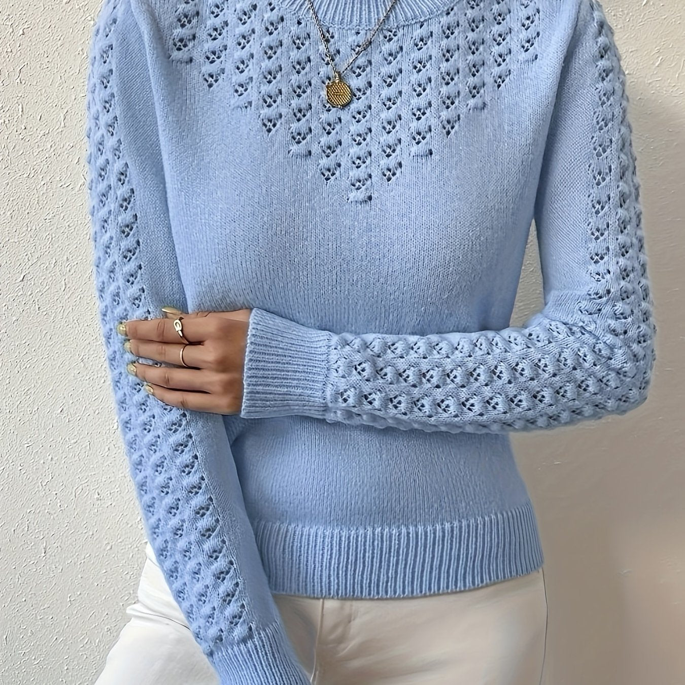 Womens Elegant Knitted Round Neck Textured Design Solid Colour Semi Sheer Sweater