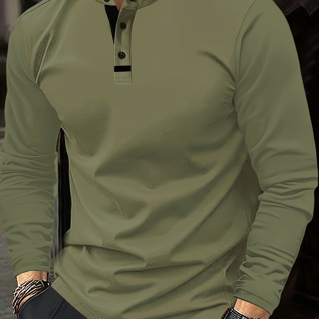Mens Casual Solid Colour Contrast Stitching Casual Round Neck Long Sleeve Top