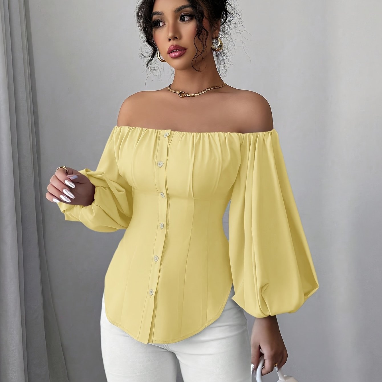 Womens Elegant Off-Shoulder Puff Sleeve Slim Fit Solid Colour Top