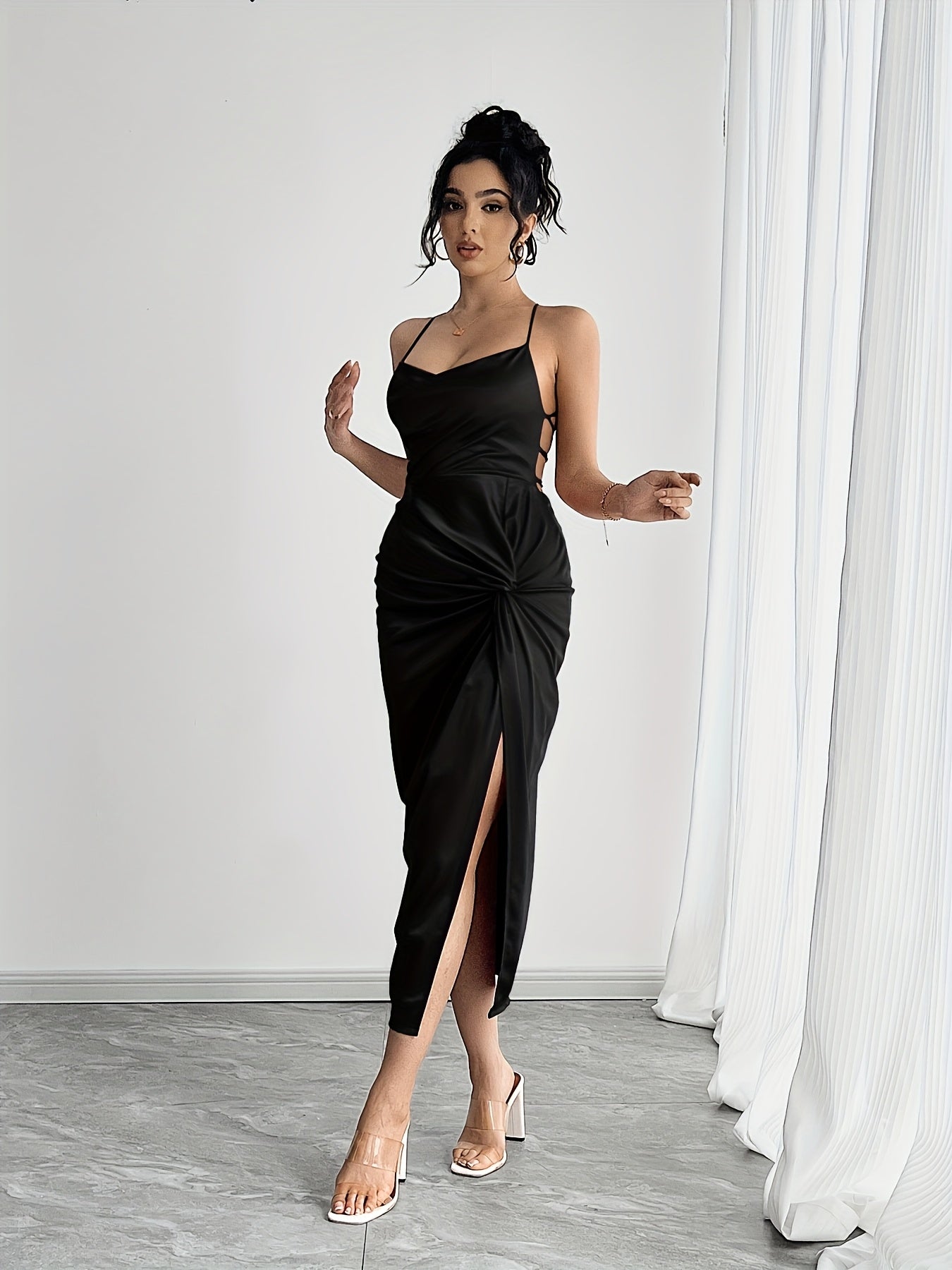 Womens Elegant Deep Neck High Thigh Slit Twist Detail Spaghetti Strap Dress for Women