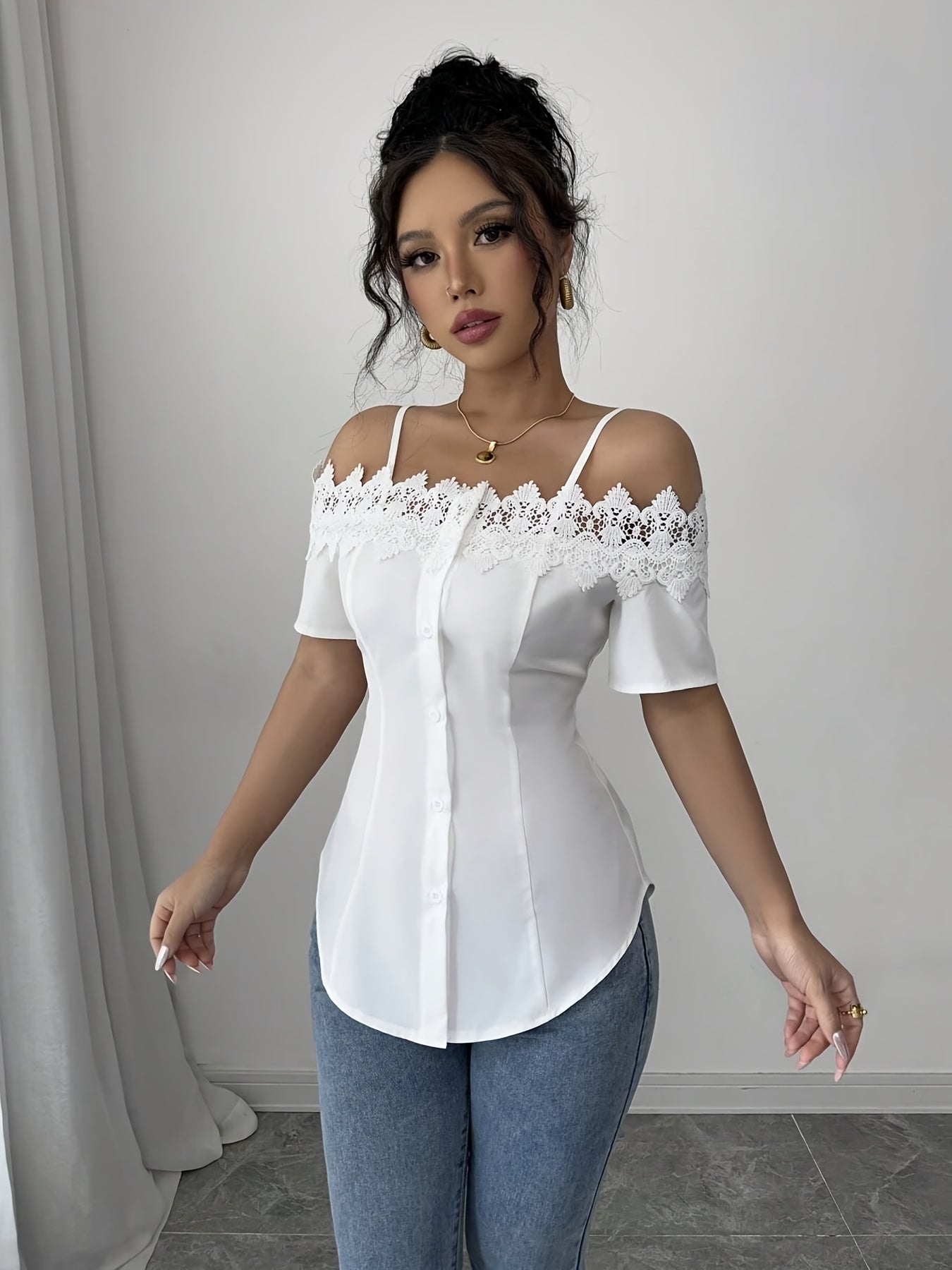 Womens Elegant White Off-Shoulder Laced Cinched Waist Short Sleeve Top