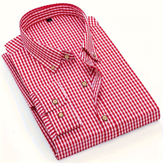 Mens Stylish Gingham Check Casual Long Sleeve Breathable Button-Up Shirt