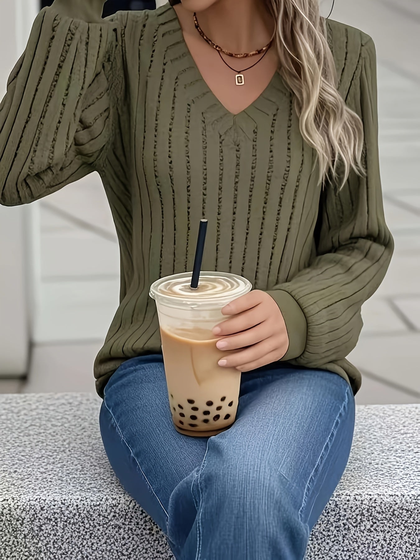 Womens Casual V-Neck Long Sleeve Ribbed Loose Fit Sweater