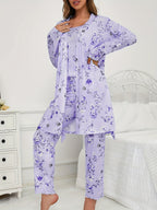 Womens 3 Piece Floral & Butterfly Print Long Pants Long Sleeve Belted Robe, Casual Crew Neck Top Nightwear Set