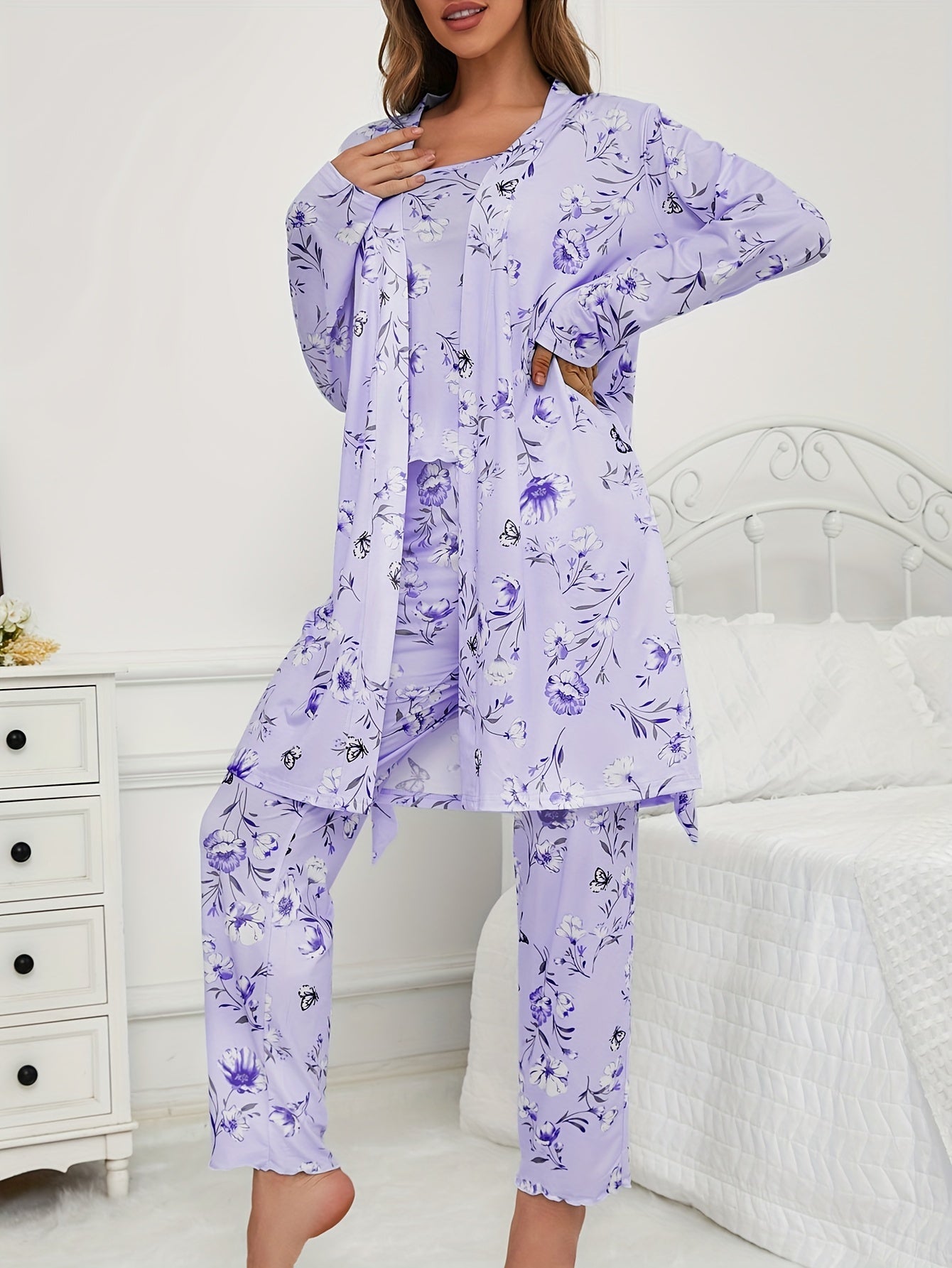 Womens 3 Piece Floral & Butterfly Print Long Pants Long Sleeve Belted Robe, Casual Crew Neck Top Nightwear Set