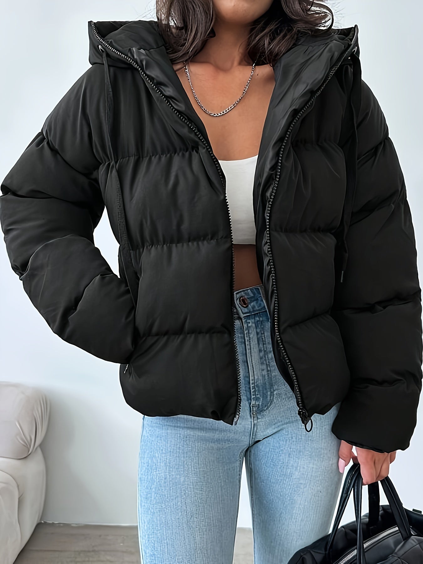 Womens Casual Hooded Zip-Up Long Sleeves Solid Colour Puffer Jacket