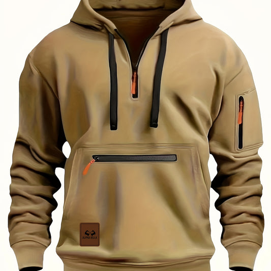 Mens Casual Hooded Zipper Pockets Half Zip Collar Solid Colour Pullover Sweatshirt