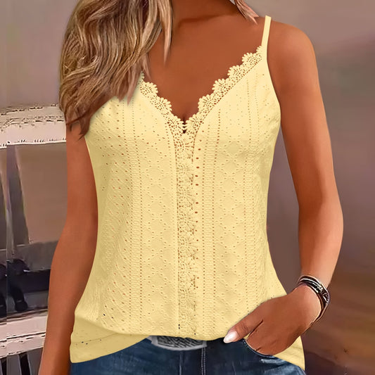 Womens Casual Elegant V-Neck Sleeveless Eyelet Detail Lace Trim Cami Top