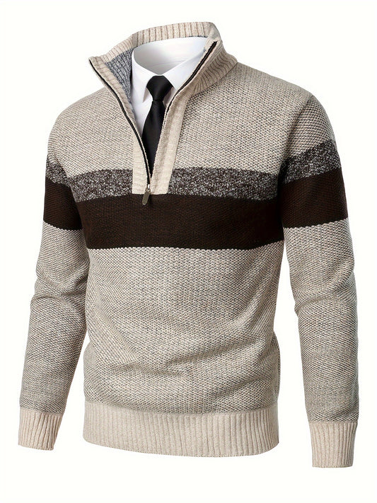 Mens Thick Fleece-Lined Casual Colour Block Stand Collar Knitted Half Zip Long Sleeved Sweater