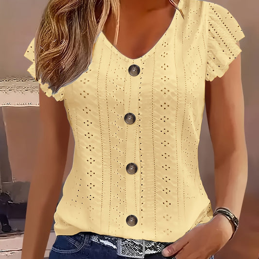Womens Casual Breathable Solid Colour Semi-Sheer Round Neck Short Sleeve T-Shirt Top