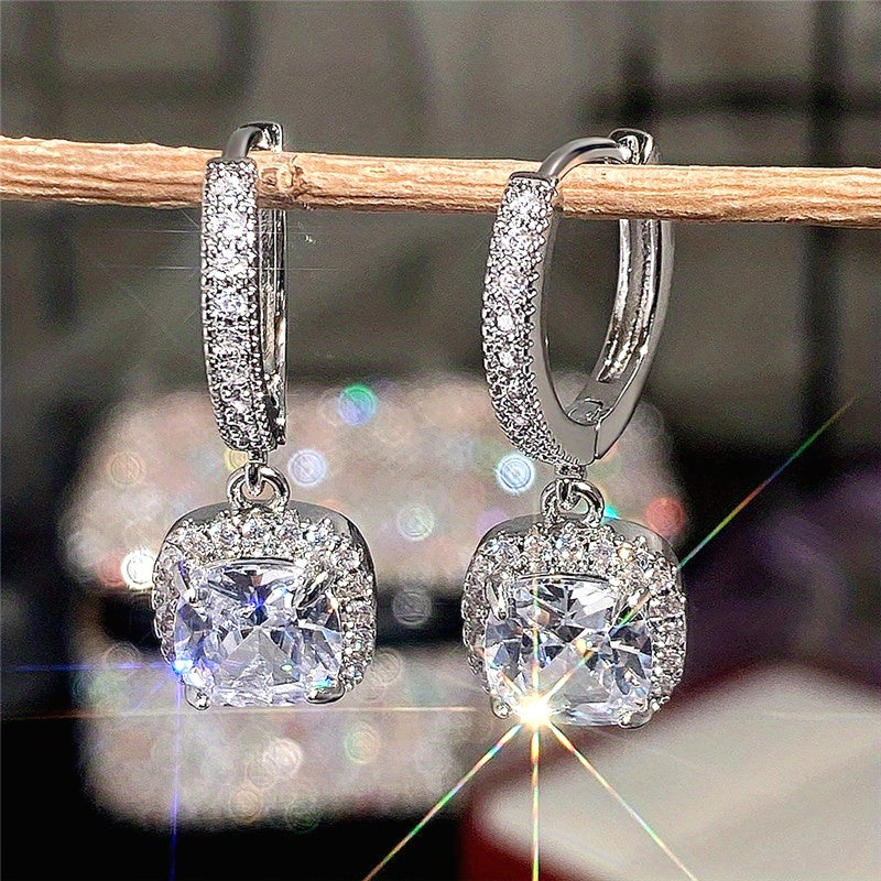 Womens Elegant White Gold Plated Square Zirconia Earrings