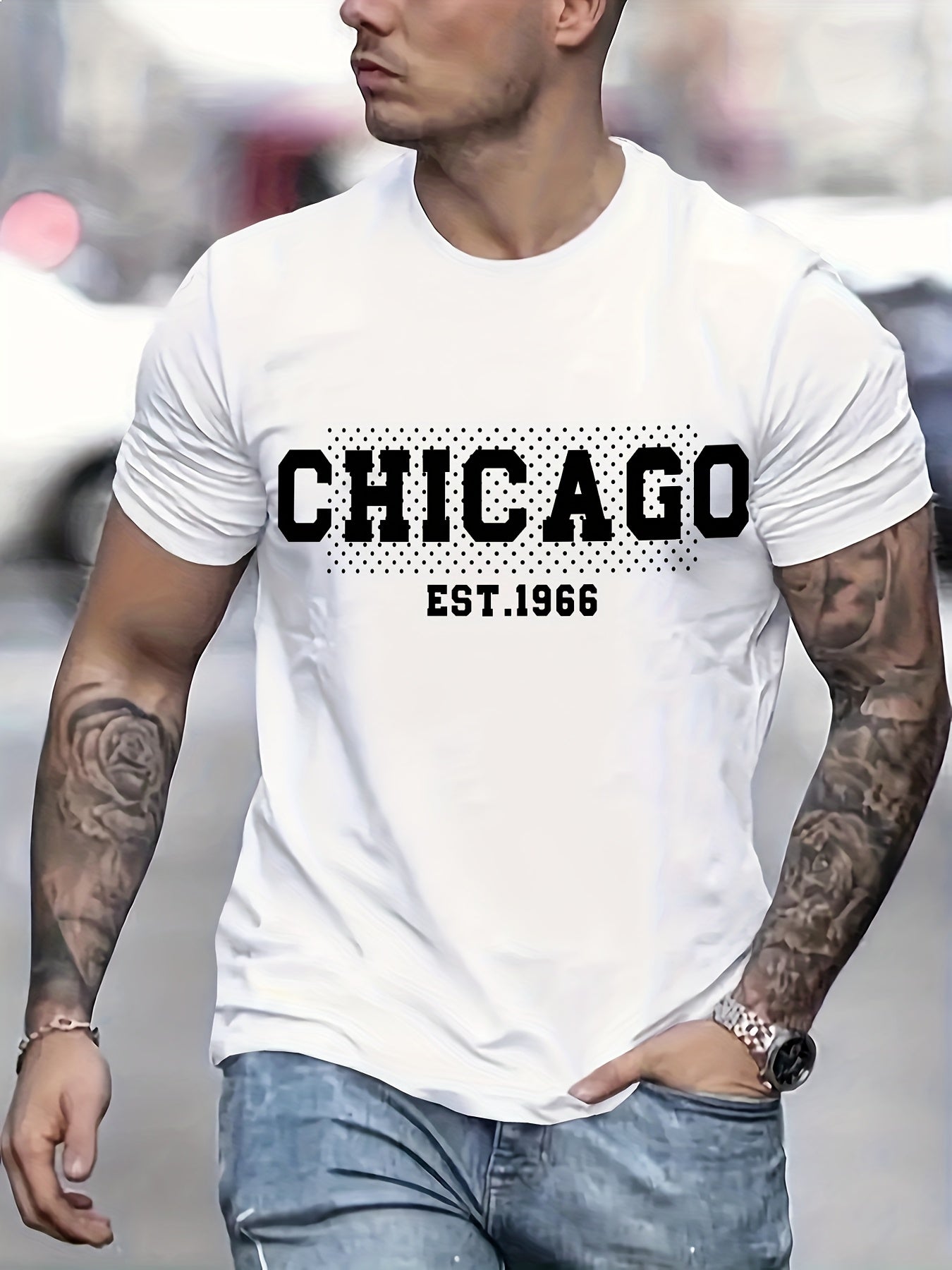 Mens Casual Chicago EST. 1966 Graphic Print Breathable Crew Neck Short Sleeve Tshirt