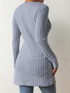 Womens Elegant Square Neck Ribbed Asymmetrical Button Detail Colour-Block Sweater