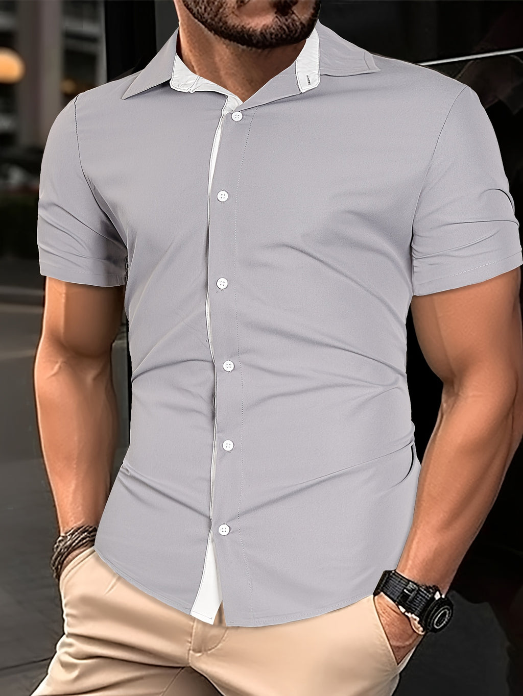 Mens Basic Short Sleeve Button Casual Lapel Collar Shirt