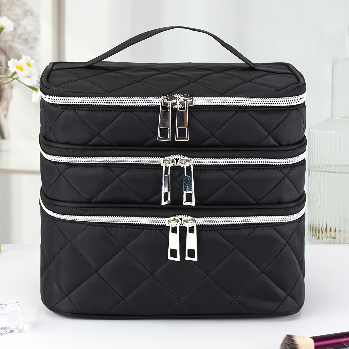 Multi Layer Portable Stylish Lightweight Large Capacity Grid Diamond Cosmetic Bag