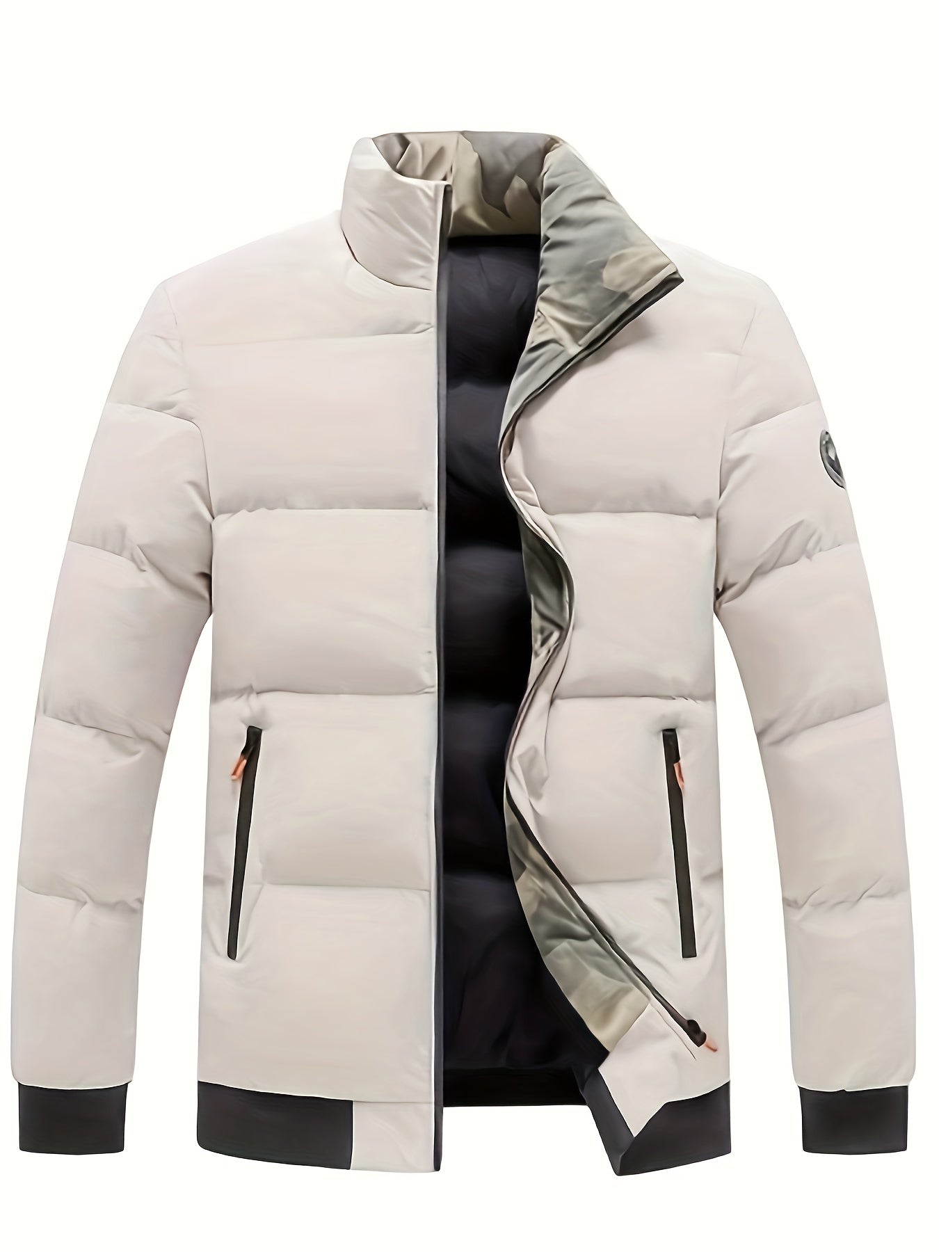 Mens Casual Thick Padded Loose Fit Stand Collar Zip Up Jacket