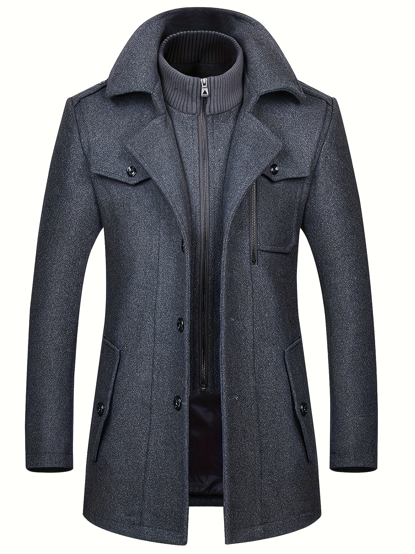 Mens Winter Detachable Double-Breasted Round Neck Coat