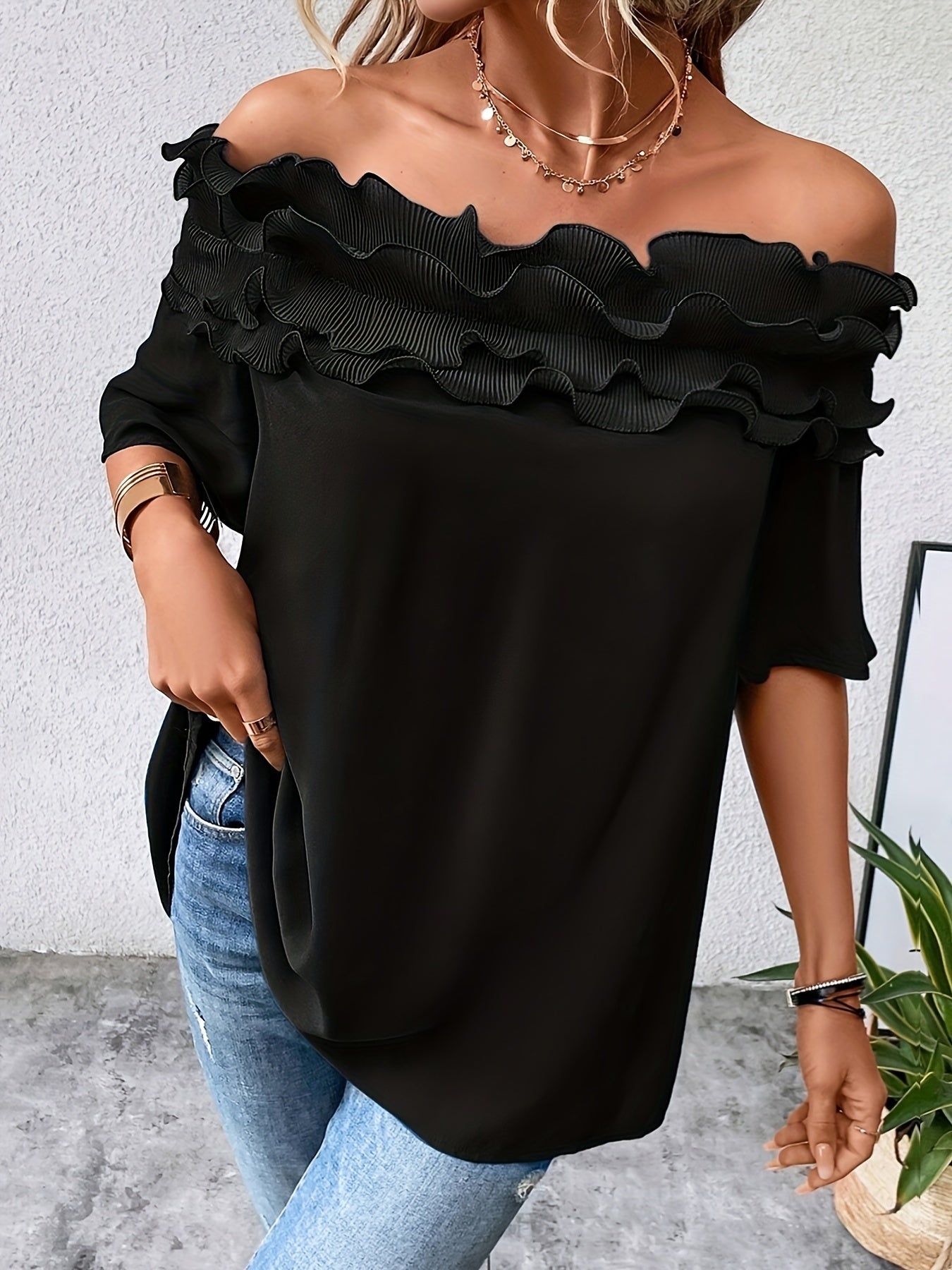 Womens Elegant Off-Shoulder Solid Colour Ruffled Hem Top