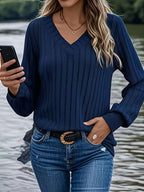 Womens Casual V-Neck Long Sleeve Ribbed Loose Fit Sweater
