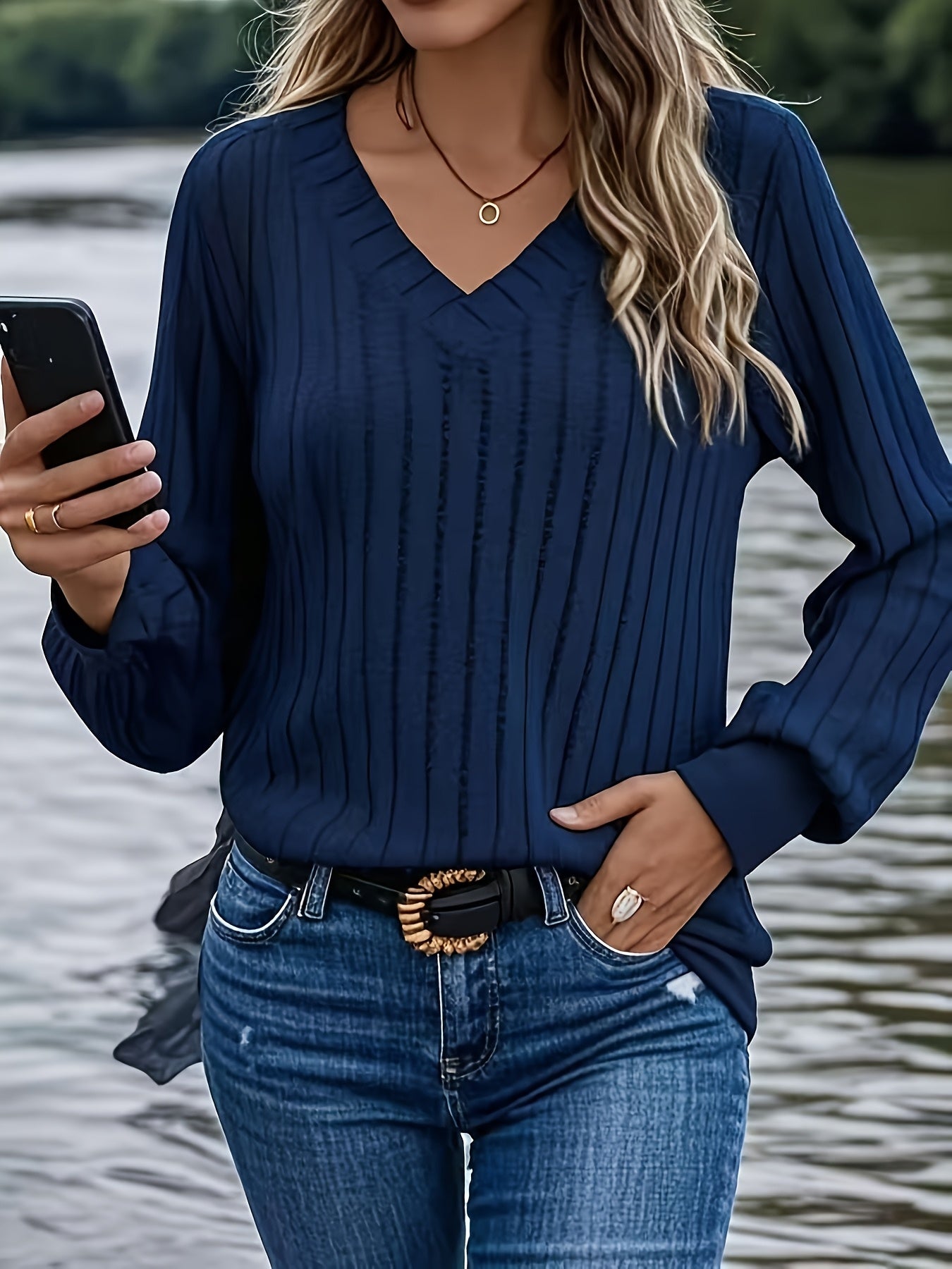 Womens Casual V-Neck Long Sleeve Ribbed Loose Fit Sweater