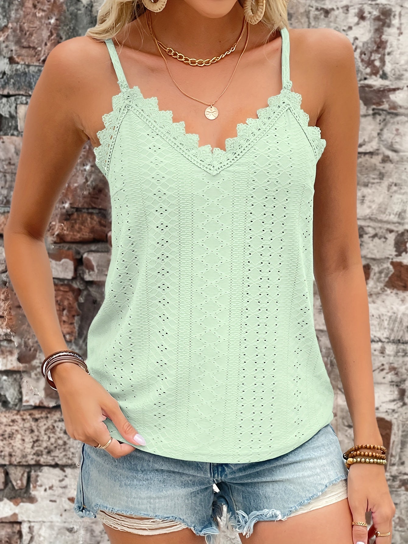 Womens Casual Eyelet Lace V-Neck Spaghetti Straps Vest Top