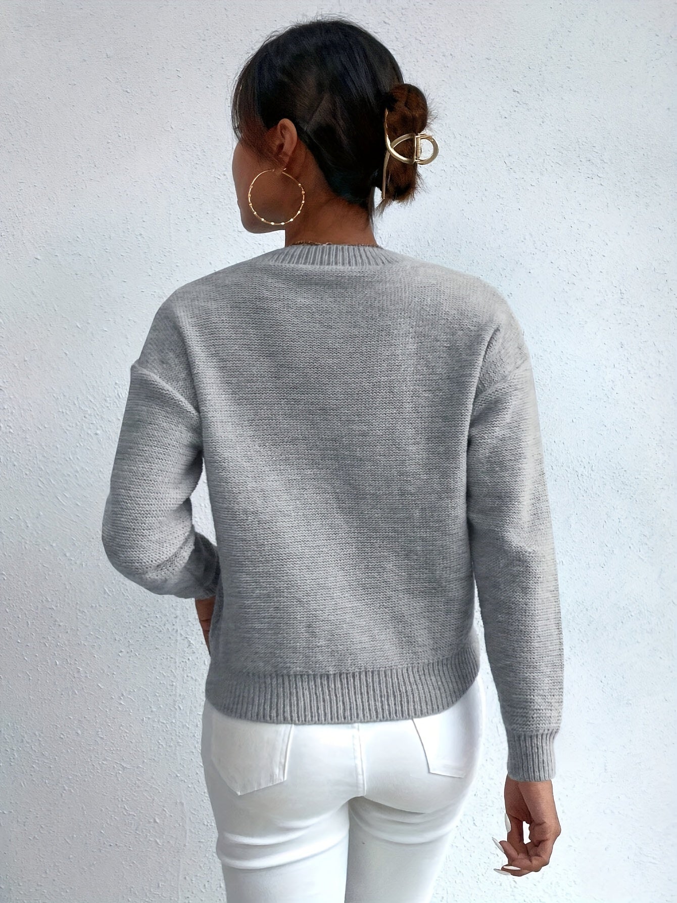 Womens Casual Round Neck Chunky Drop Shoulder Solid Colour Jumper
