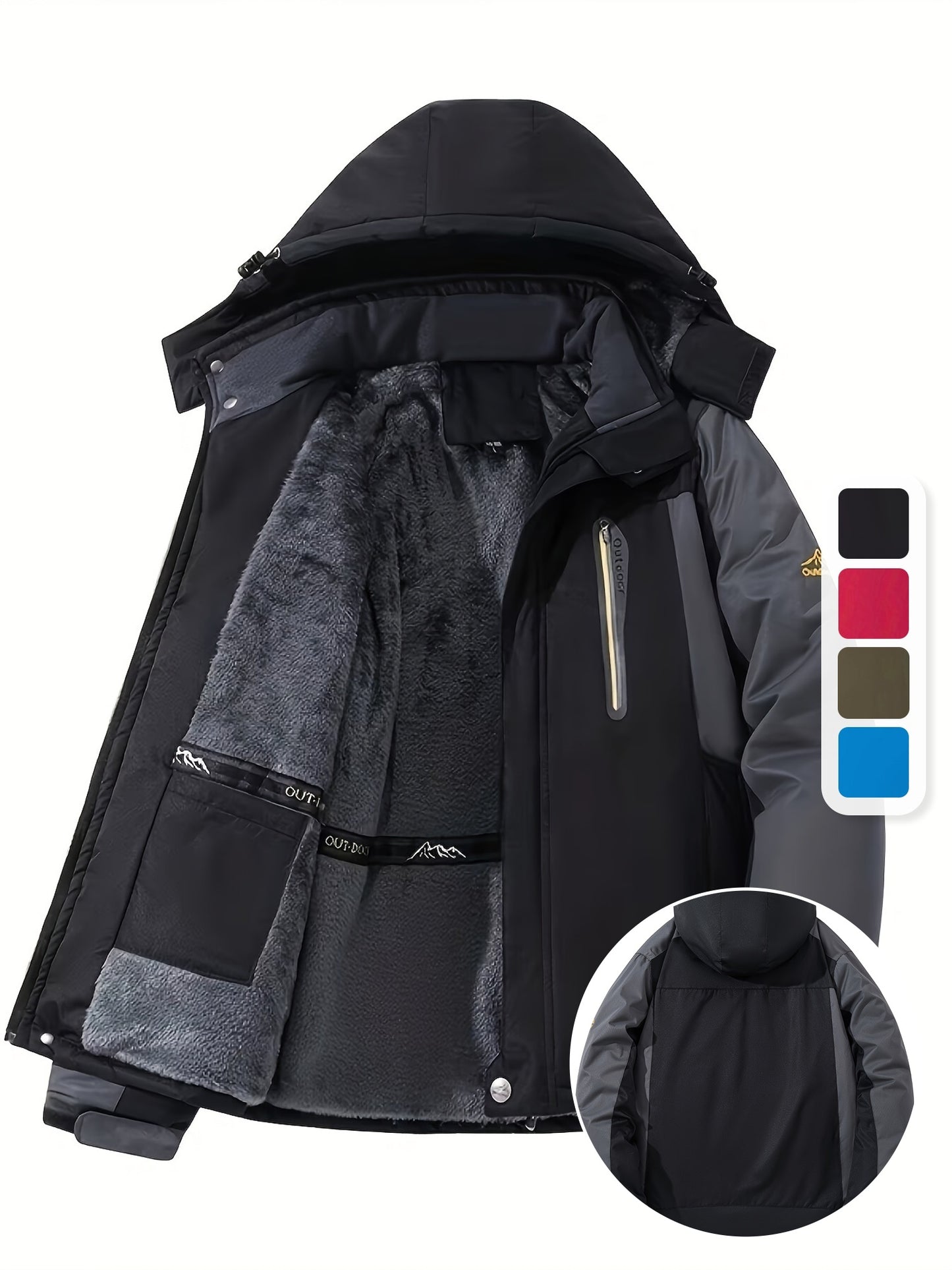 Mens Warm Fleece-Lined Windproof Hooded Front Zip Winter Jacket